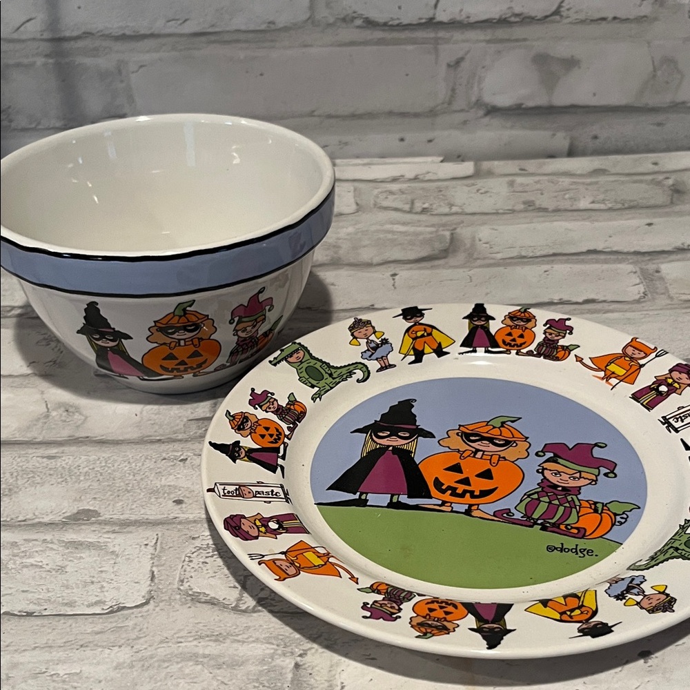 Goblins by Ursula Dodge Halloween Themed Bowl and Plate Set kid costumes ceramic